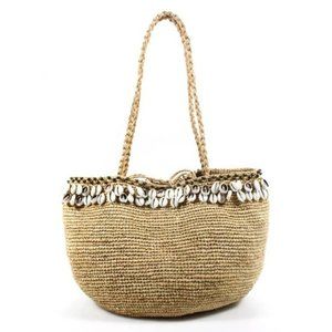 NWOT J.Crew Woven Straw Double Handle Bag with Cowrie Shell and Brass Bead Trim